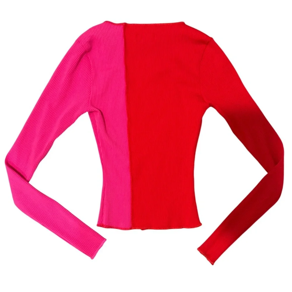 Naked Wardrobe Colorblock Ribbed 2 Piece Skirt Set Womens XS Pink Red